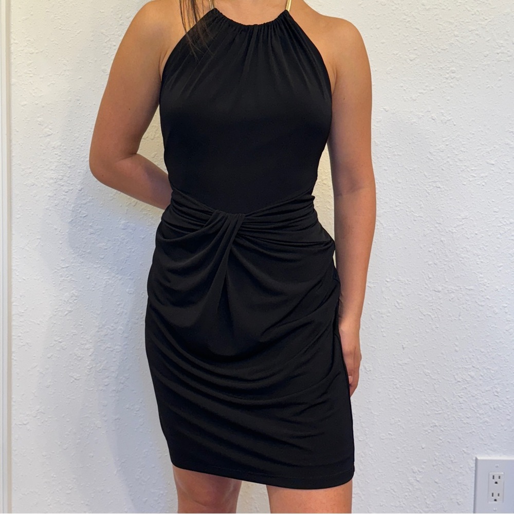 Boston Proper Little Black Dress with Gold Chain Round Neck